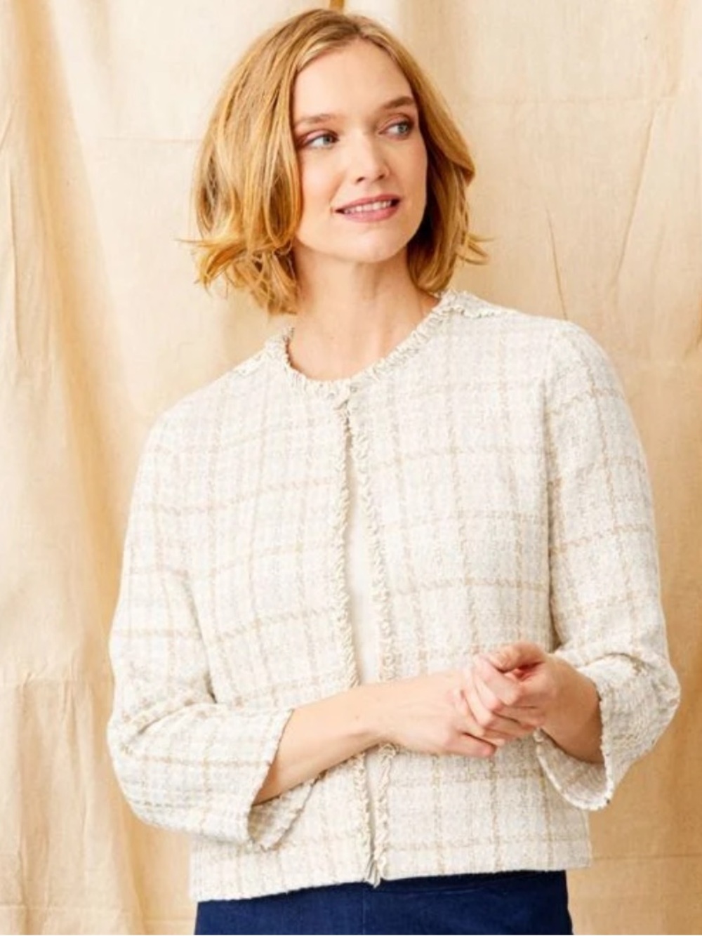 Suzy D Jorge Cream Short Frayed Trim Jacket